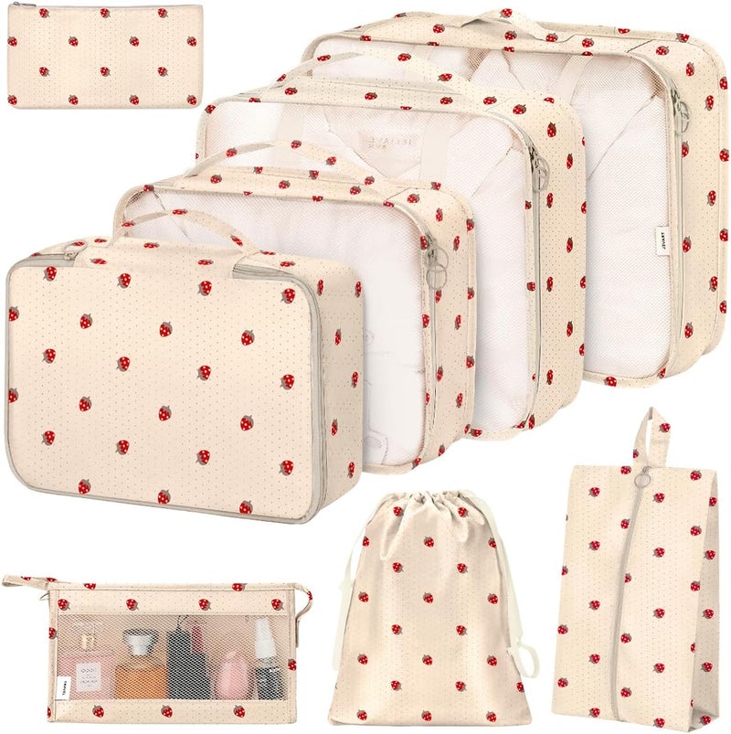Hatisan 8 Set Packing Cubes for Suitcases,Suitcase Organizer with Shoe,Cosmetics,Clothing, and Accessories Bags for Travel Luggage Organizer Women Men(Beige Small Strawberry) - Image 1
